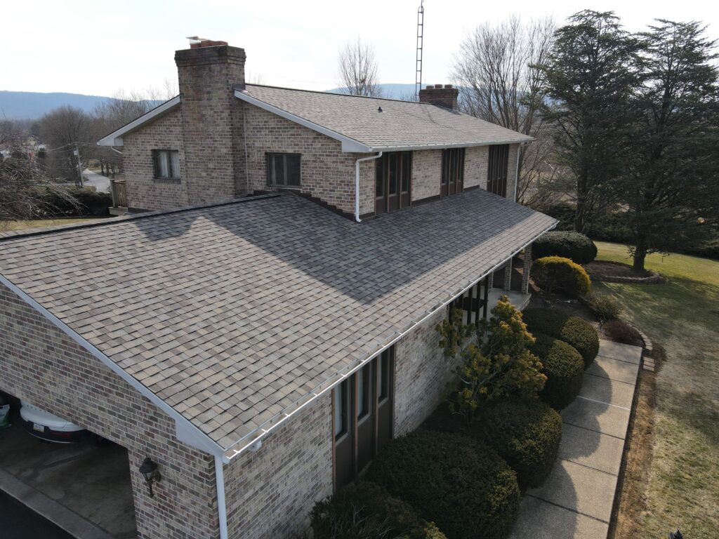 CertainTeed Shingle Roof. CertainTeed Weathered Wood Pro. Brown metal flashing