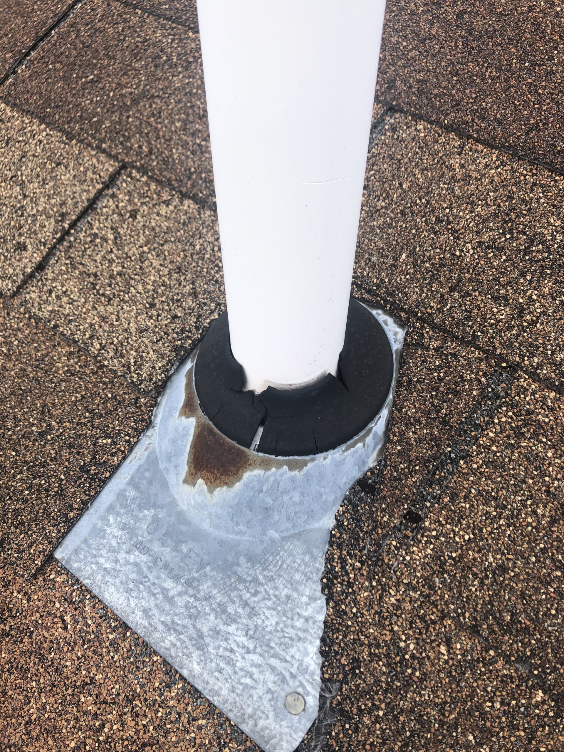 cracked pipe collar. Leaking pipe collar on roof.