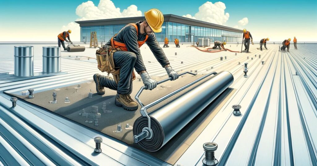 Illustration of a roofing professional installing a peel and stick roofing membrane on a low slope roof. The worker uses an 80 lb roller to press the self-adhesive membrane onto the base sheet, which is secured with button cap nails. The image highlights multiple roofing layers, including the base sheet, modified bitumen membrane, and protective top layer. The background shows a commercial building under a clear blue sky, emphasizing the durability and modern application of peel and stick roofing.
