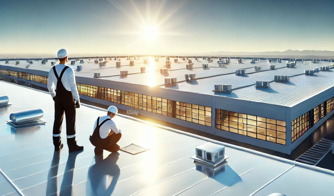 Roofers using TPO roofing material on a roof installation